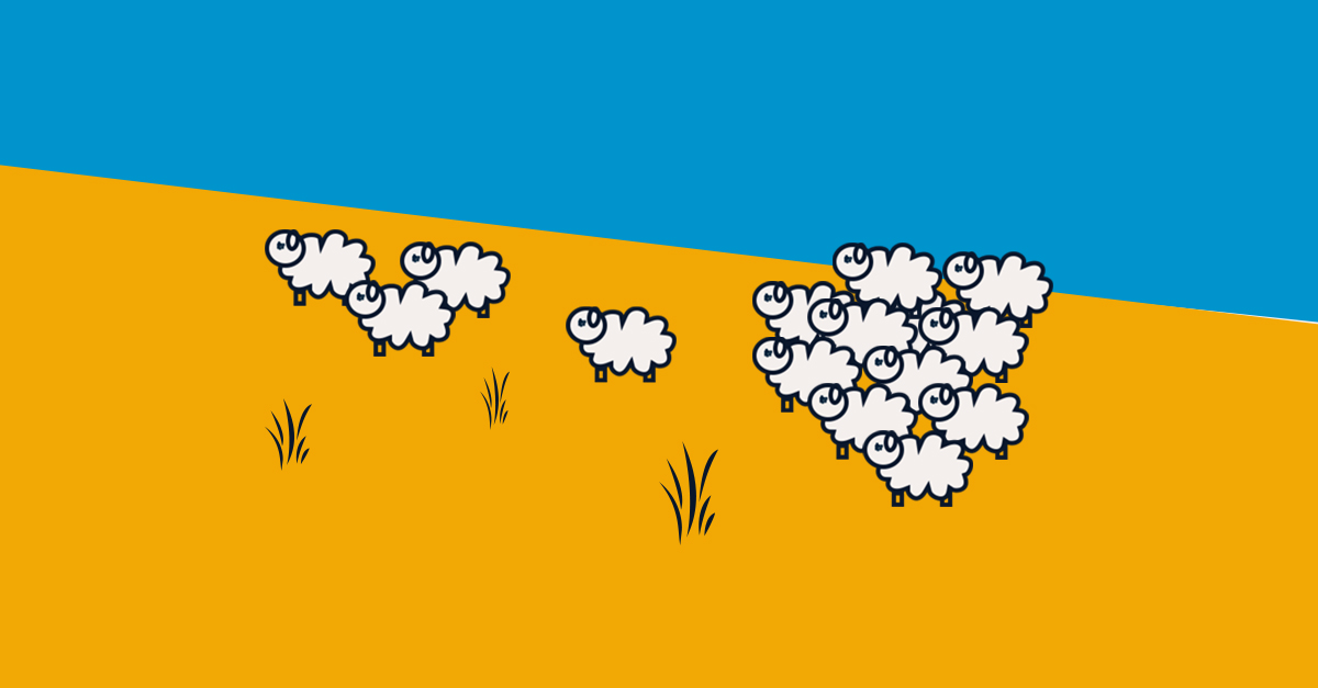Illustraded image showing a group of sheep in a yellow field against a blue sky.